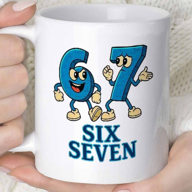 Tailorly White Ceramic 11 oz Mug - Six Seven Retro Style Cartoon Characters Featuring Animated Blue Digits With Expressive Faces Numbers