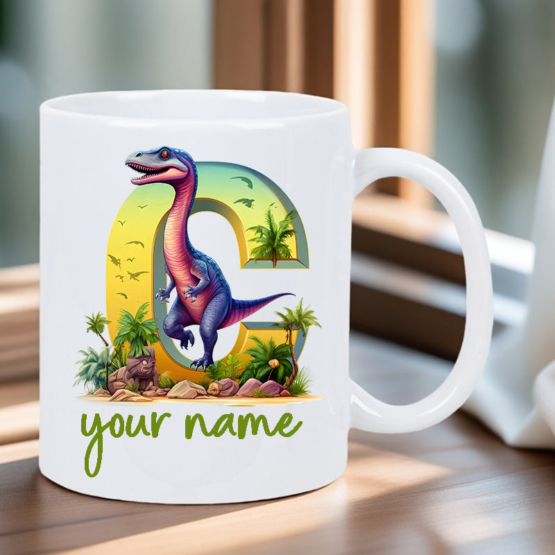 Tailorly White Ceramic 11 oz Mug - Your Name Vibrant Colorful Prehistoric Creature Standing Within Tropical Jungle Letter Illustration Dinosaur