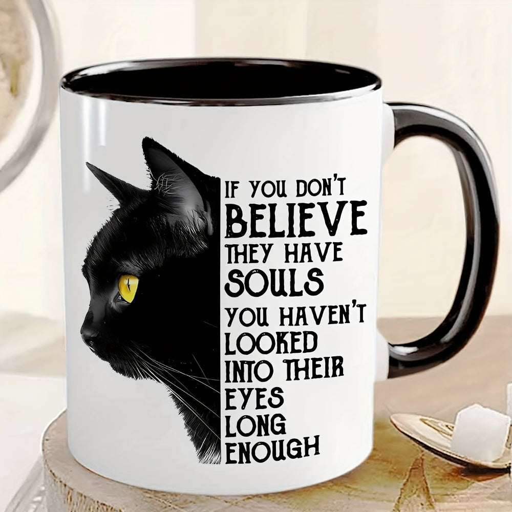 Tailorly Black Accent 11 oz Mug - sleek black cat with glowing yellow eyes