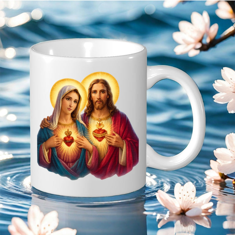 Tailorly White Ceramic 11 oz Mug - Sacred Hearts Of Jesus And Mary Glowing With Divine Light Portrait