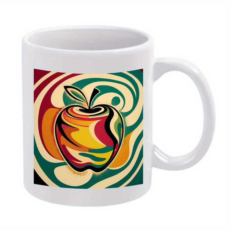 Tailorly White Ceramic 11 oz Mug - Colorful Swirling Abstract Patterns Surrounding A Vibrant Modern Stylized Fruit Apple