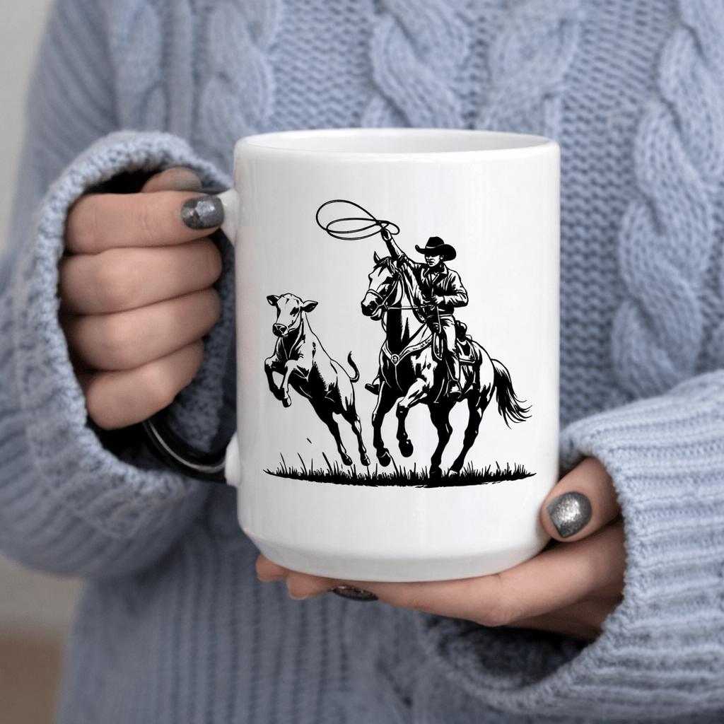 Tailorly Black Accent 11 oz Mug - cowboy lassoing a calf