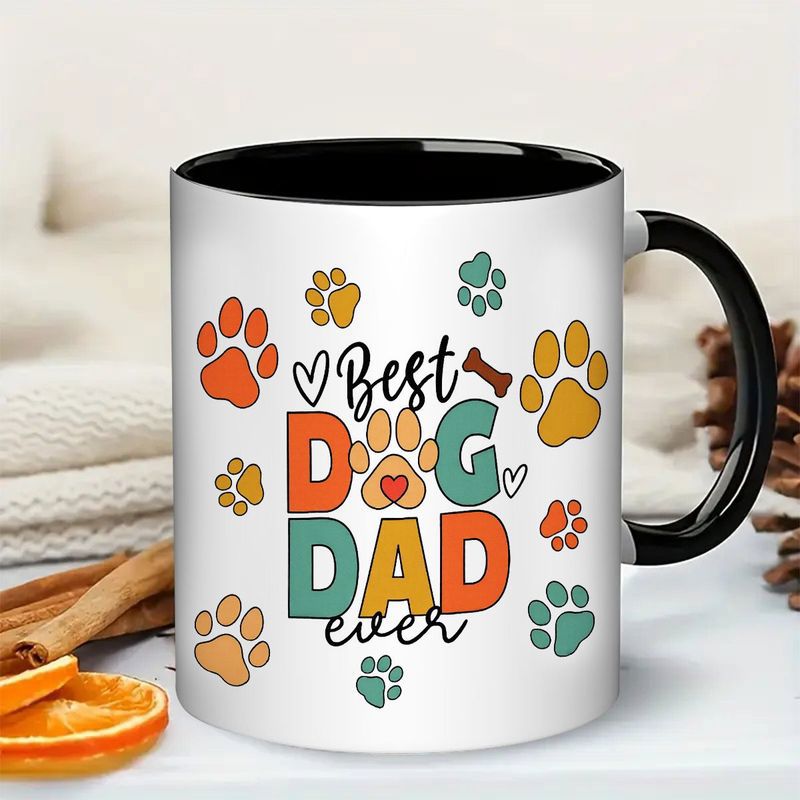 Tailorly Black Accent 11 oz Mug - best dog dad ever， dog paw print， bone， multicolor puppy patterns