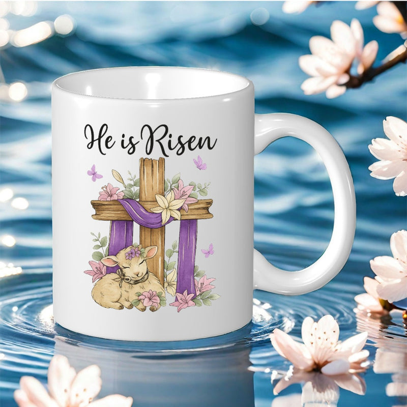 Tailorly White Ceramic 11 oz Mug - He Is Risen Peaceful Wooden Cross With Purple Shroud And A Gentle Sleeping Lamb Cross