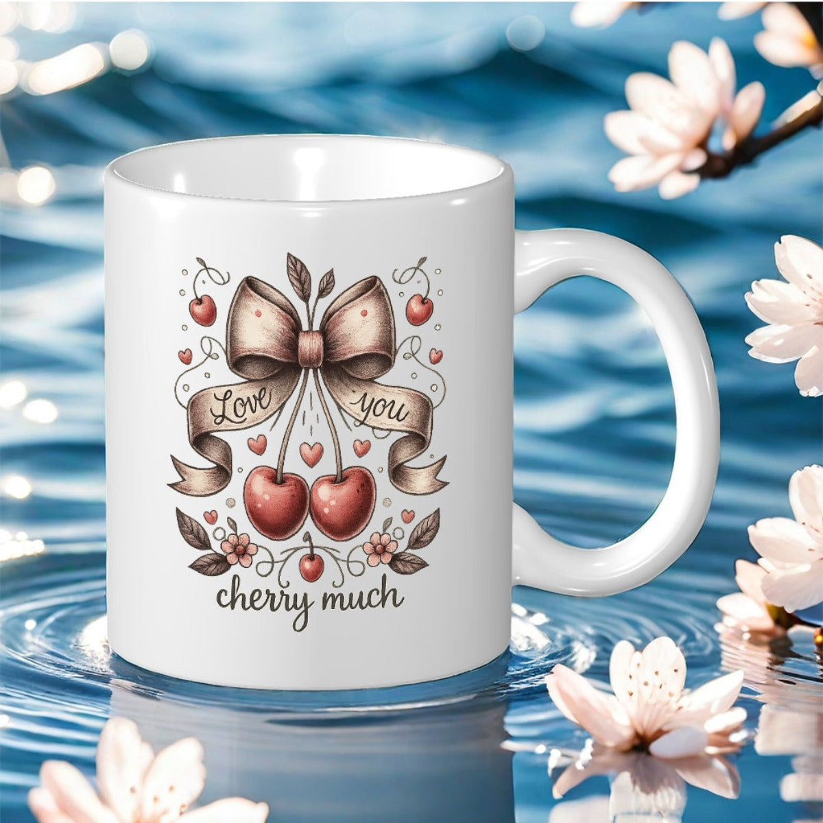 Tailorly White Ceramic 11 oz Mug - Love You Cherry Much Vintage Ribbon Bow With Sweet Red Fruit And Delicate Floating Hearts Cherry