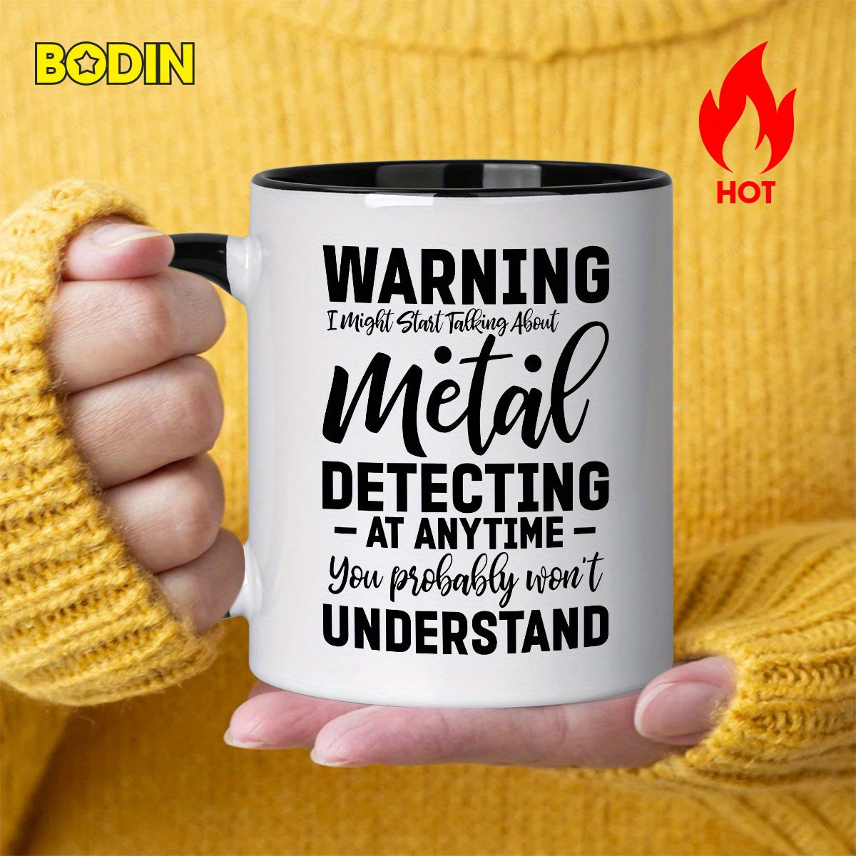 Tailorly Black Accent 11 oz Mug - warning i might about metal detecting text