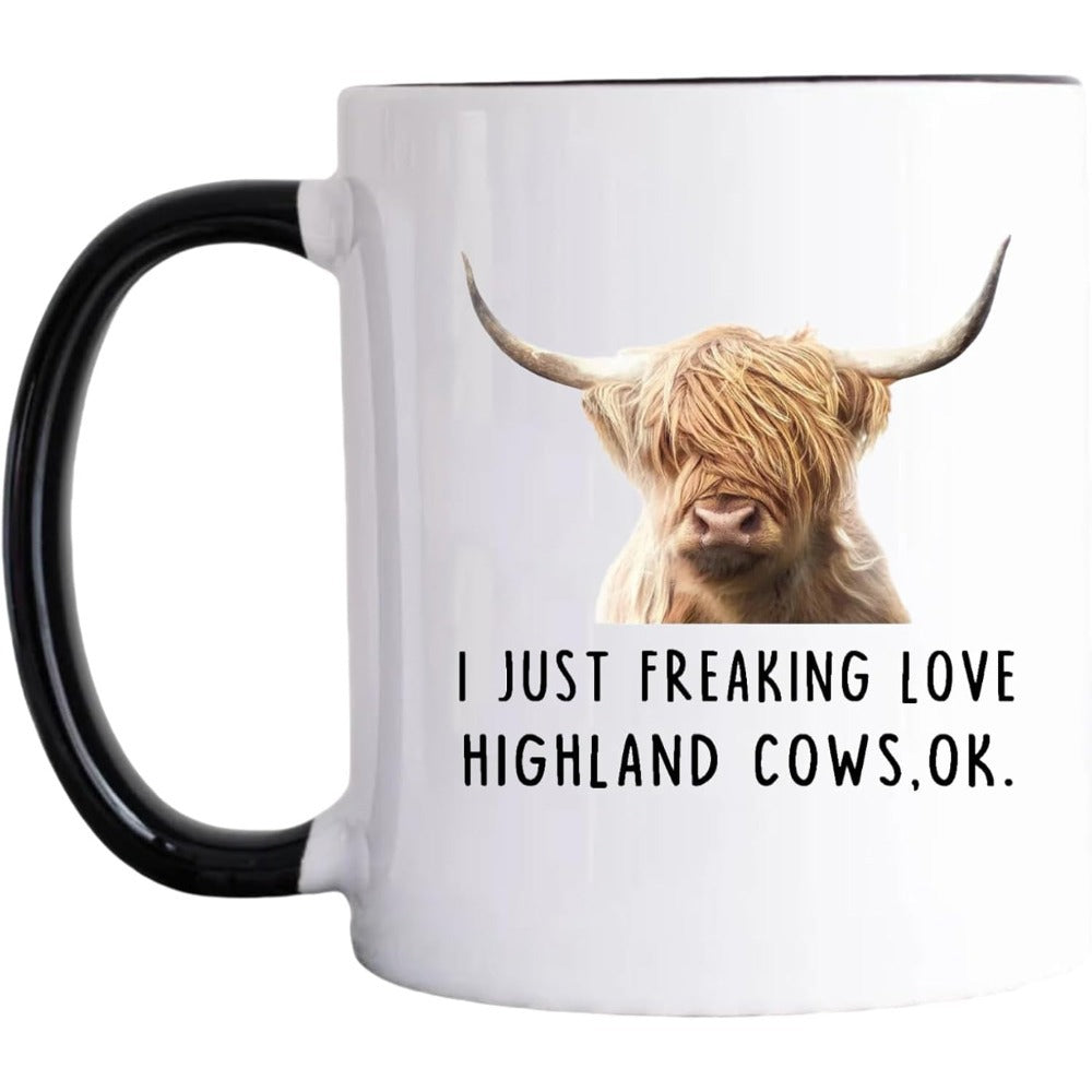 Tailorly Black Accent 11 oz Mug - item picture highland cow coffee mugs i just highland cows ok mugs with black handle 11oz gifts for girls daughter