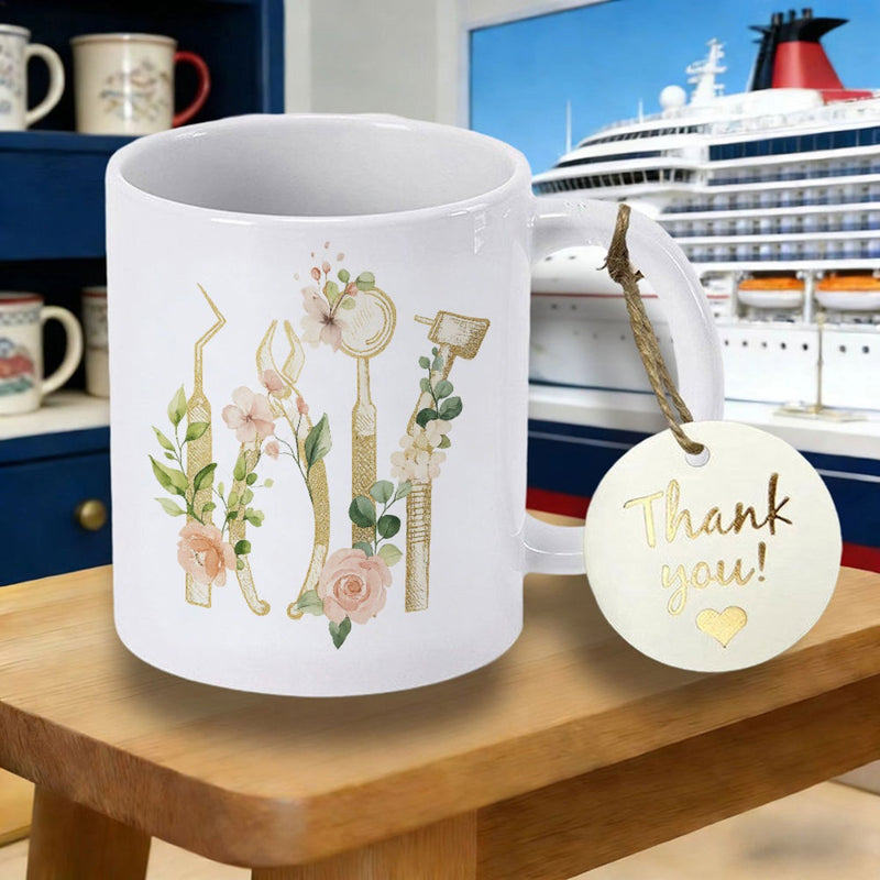 Tailorly White Ceramic 11 oz Mug - Watercolor Floral Dental Instruments With Elegant Roses And Delicate Green Leaves Dental Tools