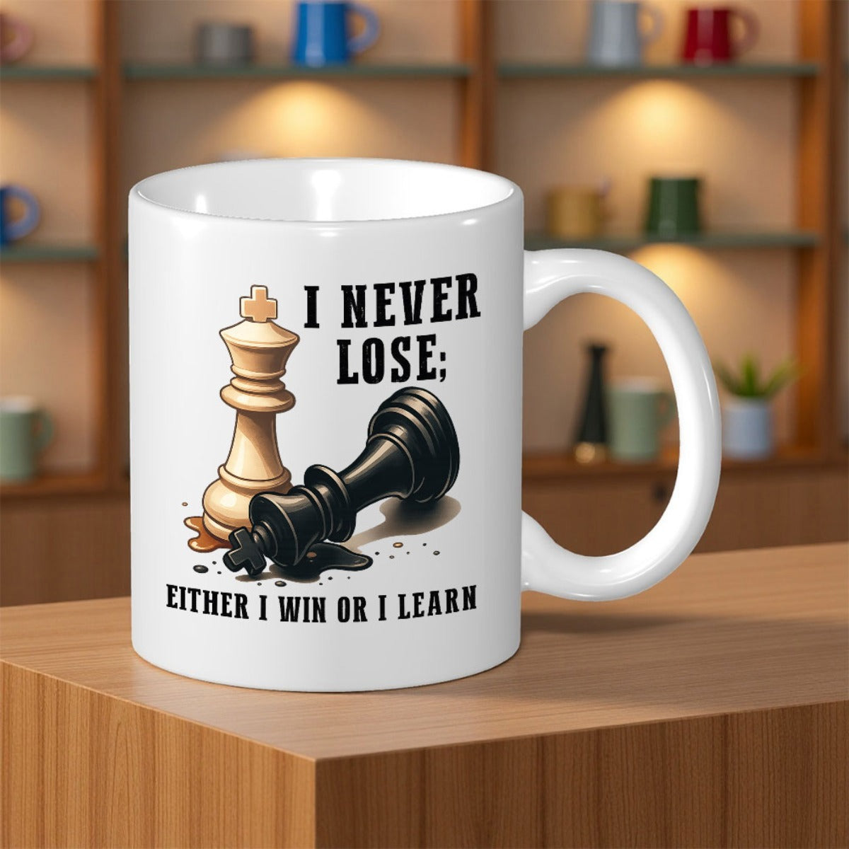 Tailorly White Ceramic 11 oz Mug - I Never Lose Either I Win Or I Learn Strategic Chess Pieces Standing And Toppled Over A Minimalist Plain Surface Chess