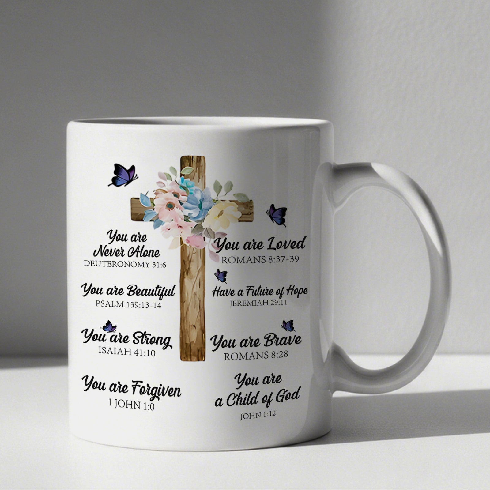 Tailorly White Ceramic 11 oz Mug - You Are Loved Beautiful Strong Brave Forgiven Child Of God Rustic Wooden Beam Adorned With Pastel Floral Blooms And Small