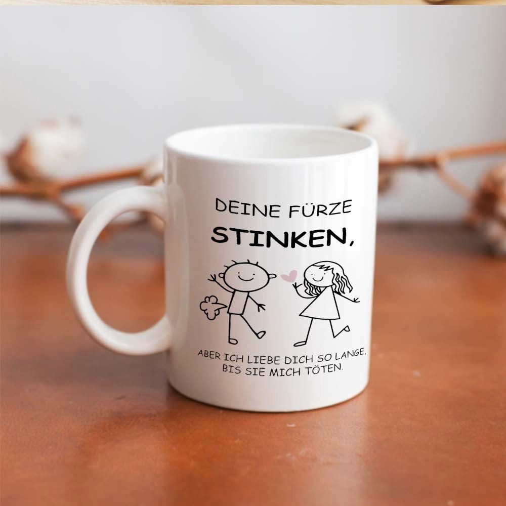 Tailorly White Ceramic 11 oz Mug - Hand Drawn Minimalist Couple With Small Pink Heart Between Cute Stick Figure