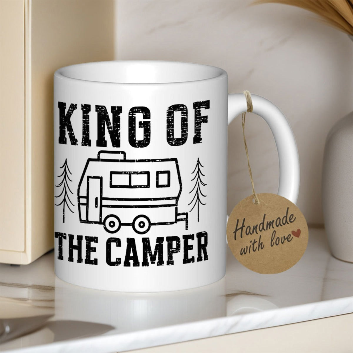 Tailorly White Ceramic 11 oz Mug - King Of The Camper Retro Style Outlined Caravan Parks Between Two Simple Evergreen Trees Camper