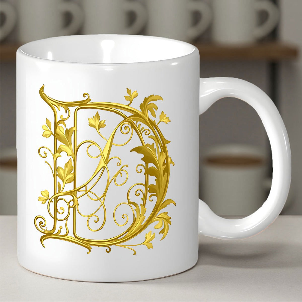 Tailorly White Ceramic 11 oz Mug - D Elegant Golden Ornate Floral Vines Entwining A Victorian Style Capital Letter