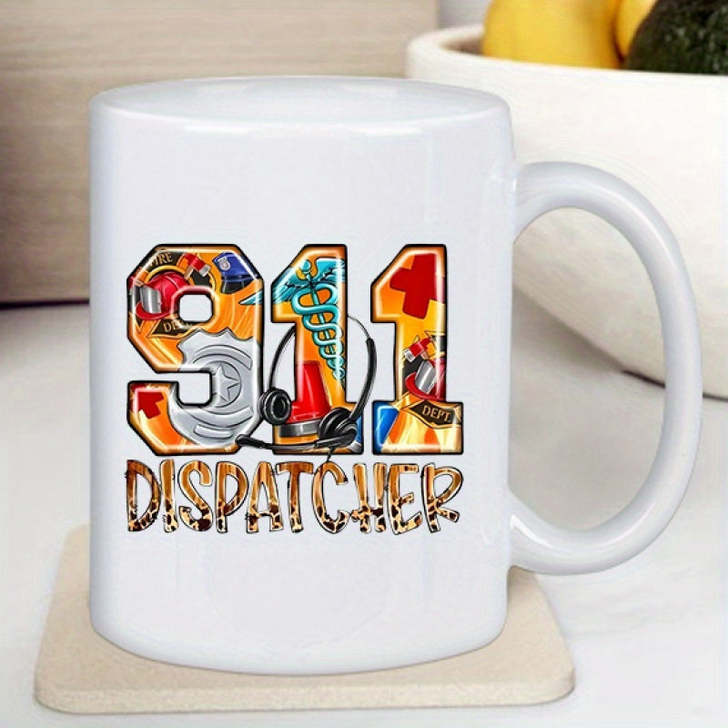 Tailorly White Ceramic 11 oz Mug - 911 Dispatcher Bold Text Filled With Emergency Service Graphics And Headset Dispatcher