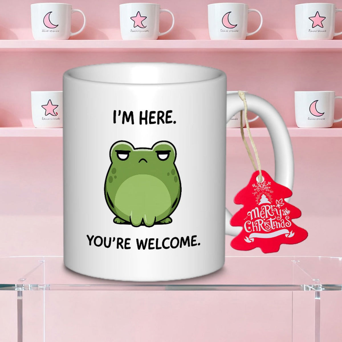 Tailorly White Ceramic 11 oz Mug - I'm Here You're Welcome Round Green Sitting Animal With Grumpy Face And Expressive Eyes Frog