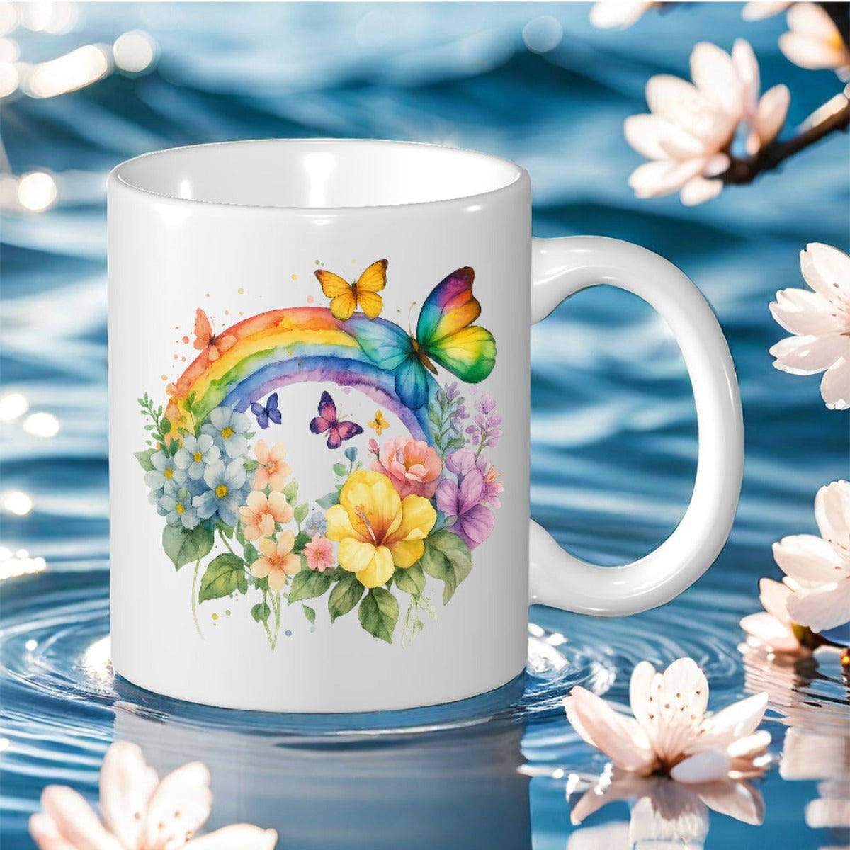 Tailorly White Ceramic 11 oz Mug - Colorful Watercolor Rainbow Arched Over Vibrant Spring Flowers And Delicate Flying Butterfly