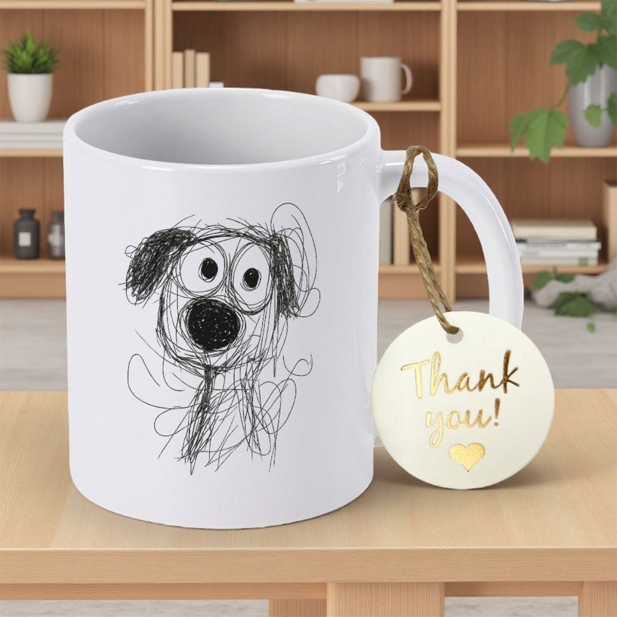 Tailorly White Ceramic 11 oz Mug - Thank You Hand Drawn Scribble Style Illustration Of A Playful Dog