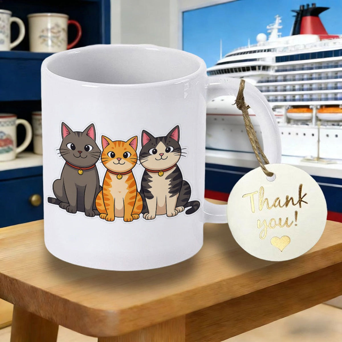 Tailorly White Ceramic 11 oz Mug - Thank You Three Adorable Cartoon Kitties Sitting Together Wearing Little Golden Bell Collars Cat