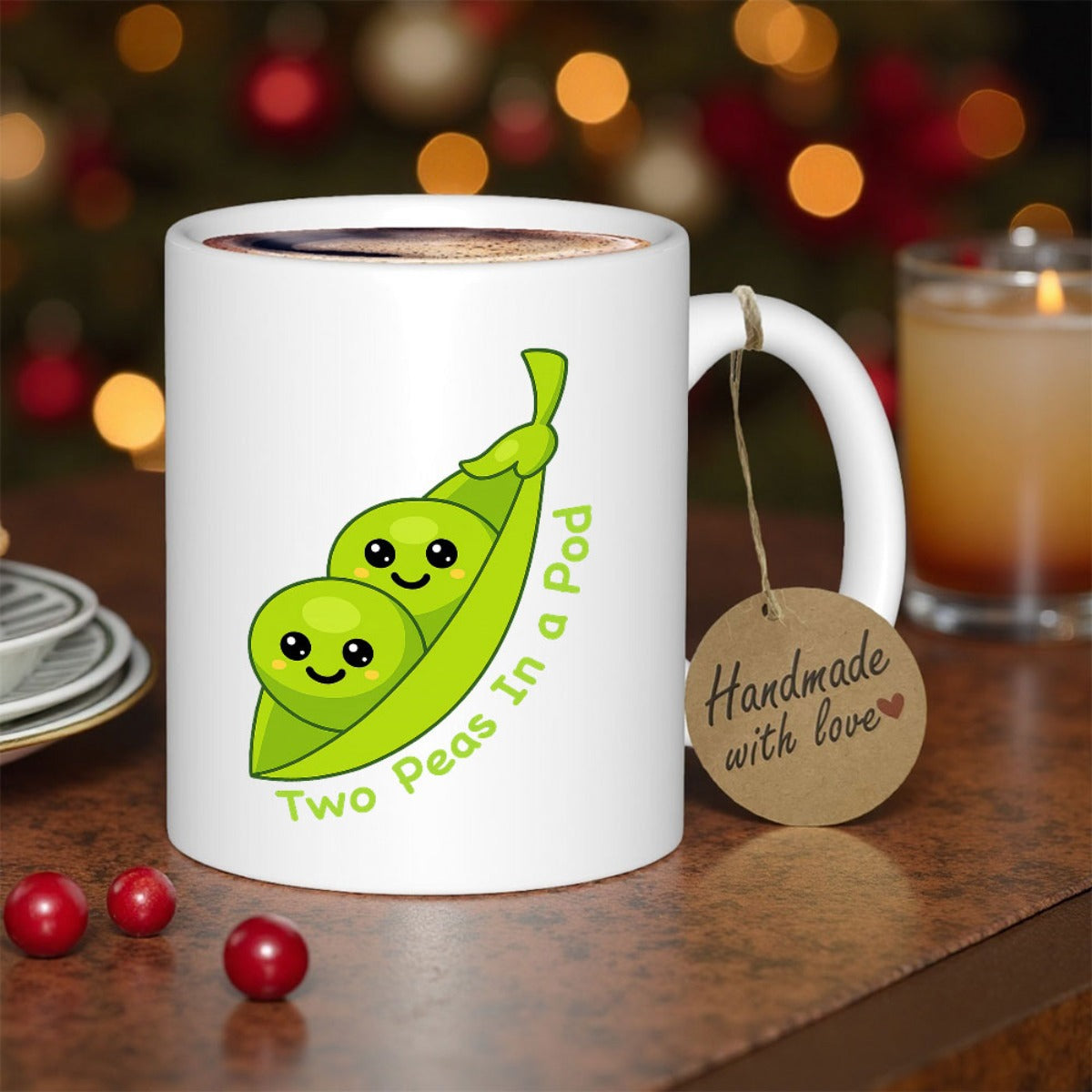 Tailorly White Ceramic 11 oz Mug - Two Peas In A Pod Cute Smiling Green Cartoon Vegetables Resting Inside A Vibrant Organic Garden Pod Pea