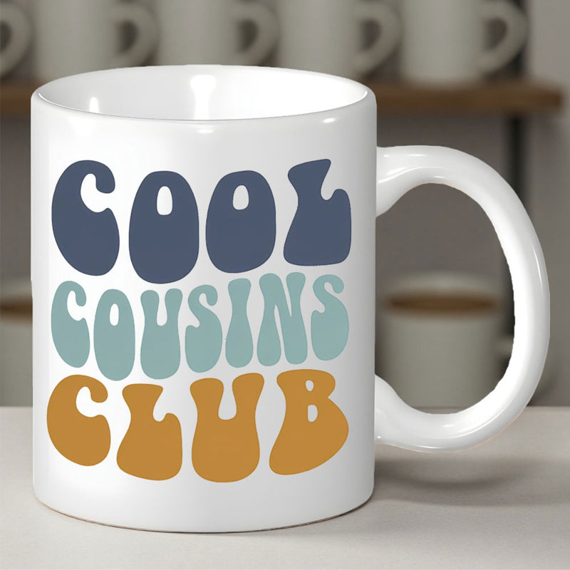Tailorly White Ceramic 11 oz Mug - Cool Cousins Club Retro Vintage Groovy Bold Three Tiered Stacked Colorful Bubble Style Typography