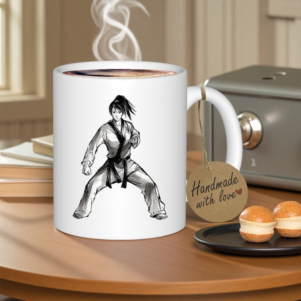 Tailorly White Ceramic 11 oz Mug - Powerful Female Martial Artist In Dynamic Fighting Stance Wearing Traditional Gi Fighter