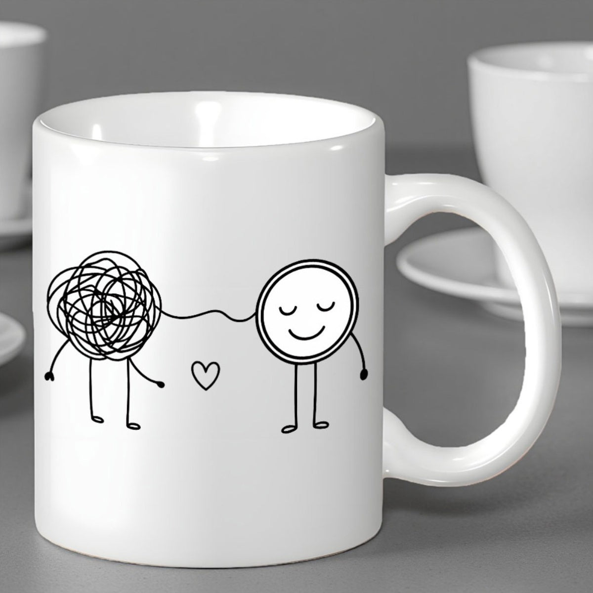 Tailorly White Ceramic 11 oz Mug - Simple Line Art Characters Expressing Love And Emotional Support Hand In Hand Illustration