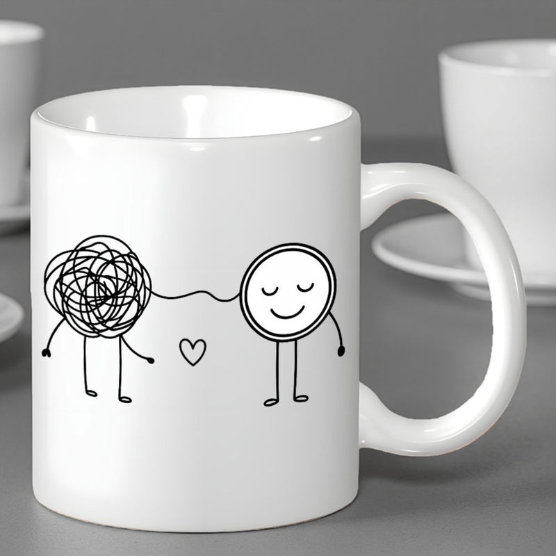 Tailorly White Ceramic 11 oz Mug - Simple Line Art Characters Expressing Love And Emotional Support Hand In Hand Illustration