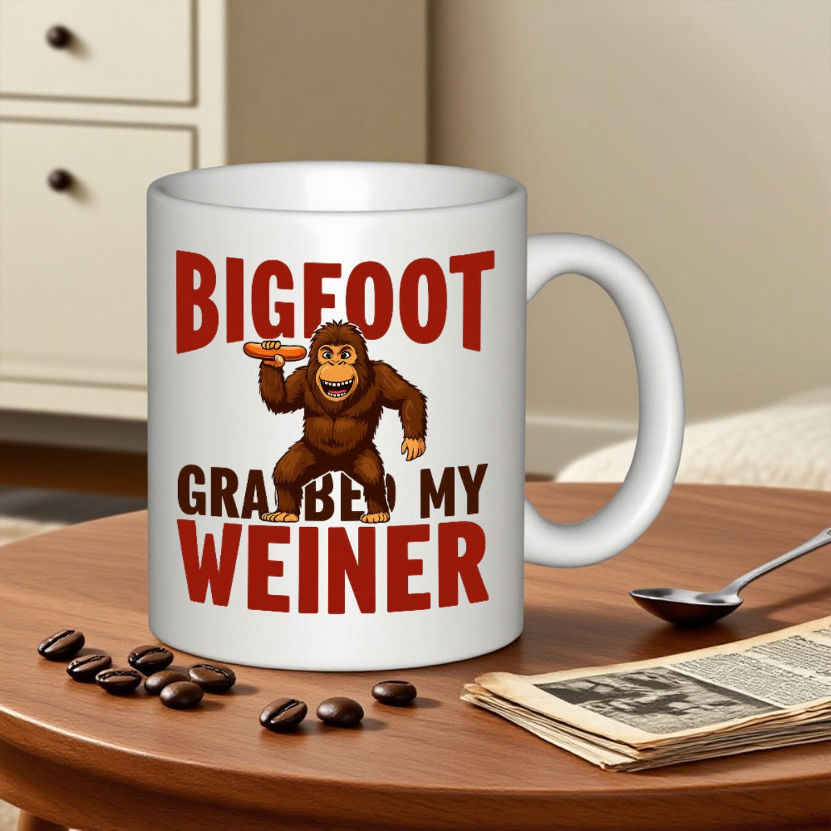 Tailorly White Ceramic 11 oz Mug - Bigfoot Grabbed My Weiner Cartoonish Ape Holding Hot Dog With Bold Red Black Text Displayed Bigfoot