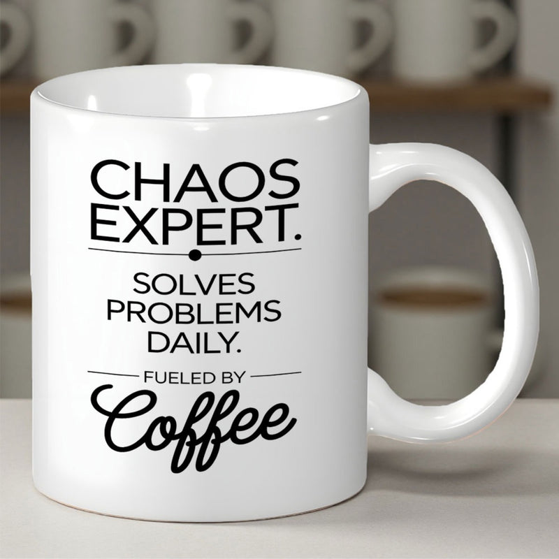 Tailorly White Ceramic 11 oz Mug - Chaos Expert Solves Problems Daily Fueled By Coffee Minimalist Black Typography With Bold Script Elements And Clean Decorative