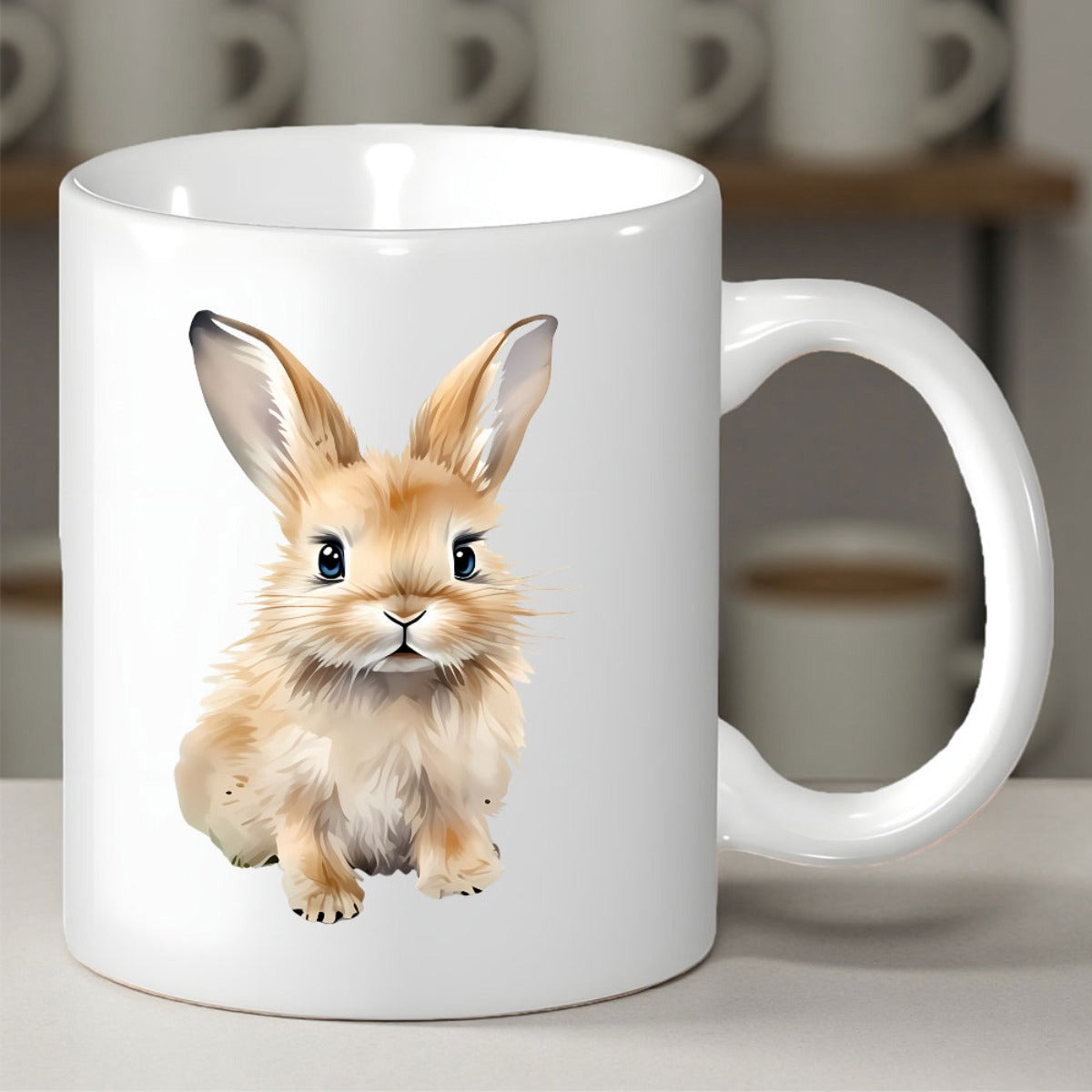 Tailorly White Ceramic 11 oz Mug - Realistic Watercolor Brown Bunny Sitting Peacefully With Soft Fluffy Fur Rabbit