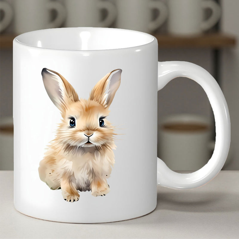 Tailorly White Ceramic 11 oz Mug - Realistic Watercolor Brown Bunny Sitting Peacefully With Soft Fluffy Fur Rabbit