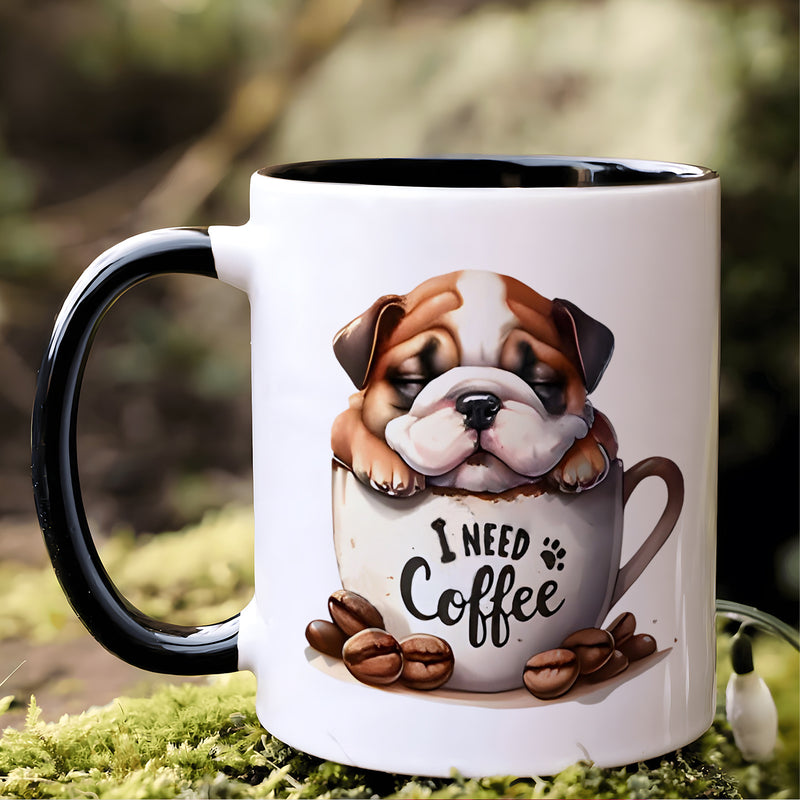Tailorly Black Accent 11 oz Mug - bulldog puppy in a cup