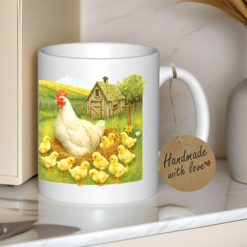 Tailorly White Ceramic 11 oz Mug - Peaceful Countryside Farm Scene Featuring Mother Hen And Yellow Little Chicks Hen