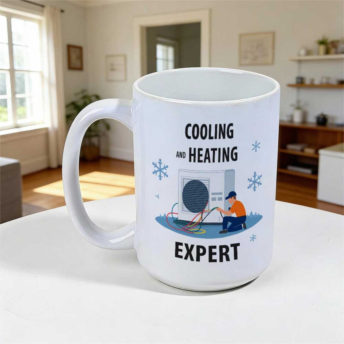 Tailorly White Ceramic 11 oz Mug - Cooling And Heating Expert HVAC Technician Repairing Outdoor Air Conditioning Unit Among Blue Snowflakes Technician