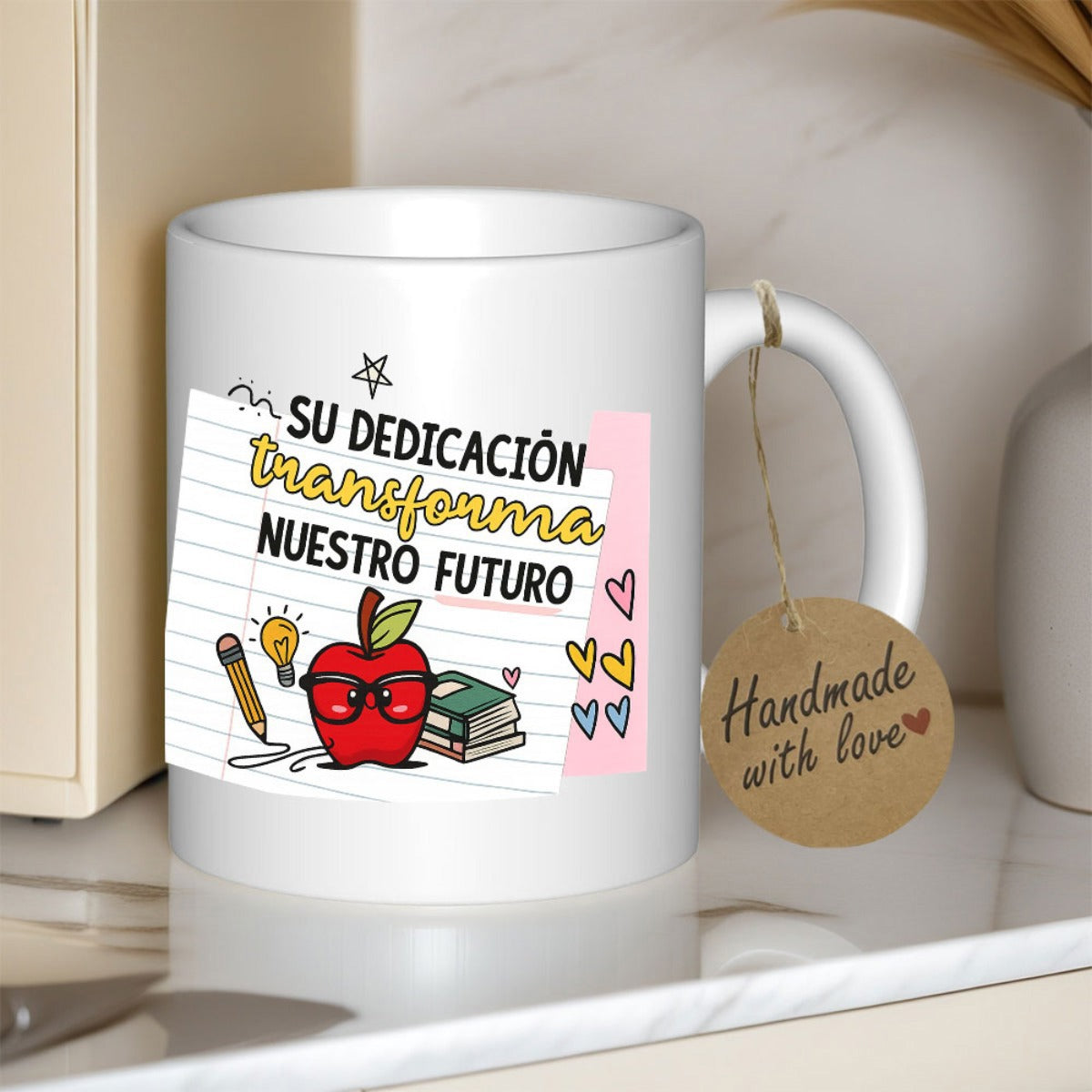 Tailorly White Ceramic 11 oz Mug - Handmade With Love Intelligent Red Apple Character With Glasses Among Educational School Supplies Apple