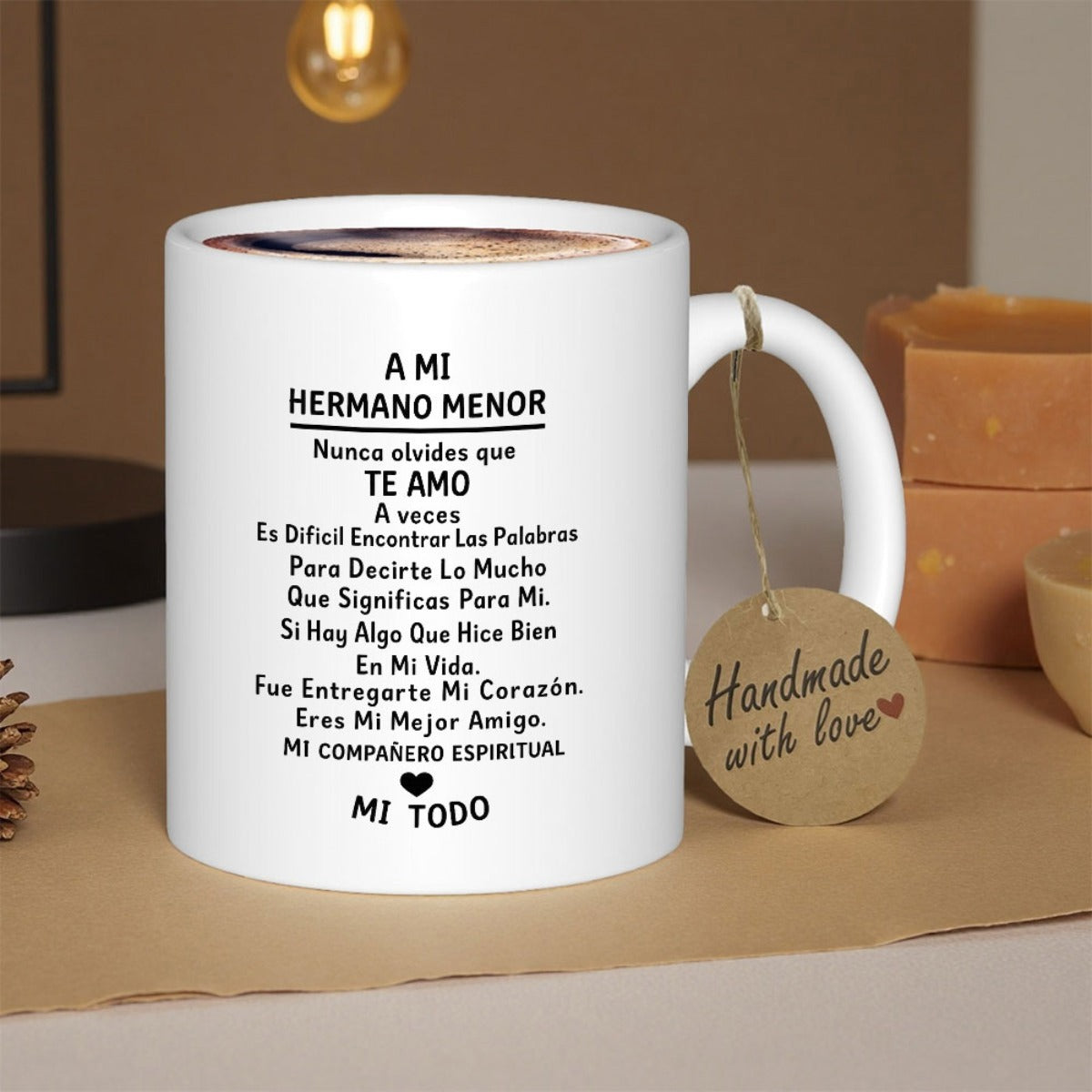 Tailorly White Ceramic 11 oz Mug - Handmade With Love Clean Featuring Spanish Script And Small Heart Mug