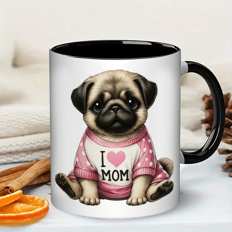 Tailorly Black Accent 11 oz Mug - i love mom pug with heart and paw print design