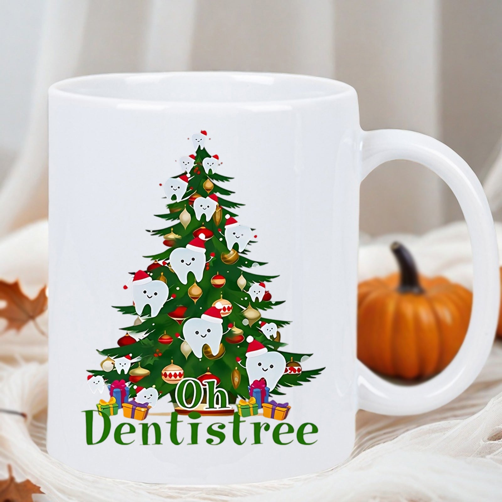Tailorly White Ceramic 11 oz Mug - Oh Dentistree Festive Holiday Evergreens Adorned With Smiling Cartoon Teeth And Gift Boxes Tree