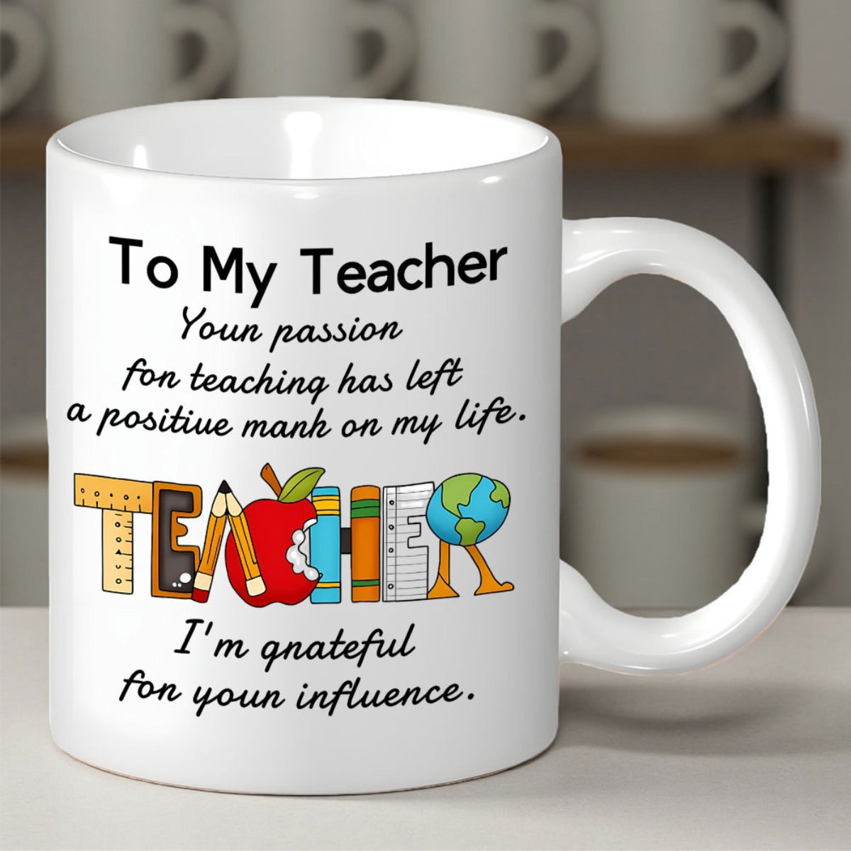 Tailorly White Ceramic 11 oz Mug - To My Teacher Your Passion For Teaching Has Left A Positive Mark On My Life I'm Grateful For Your Influence Vibrant School