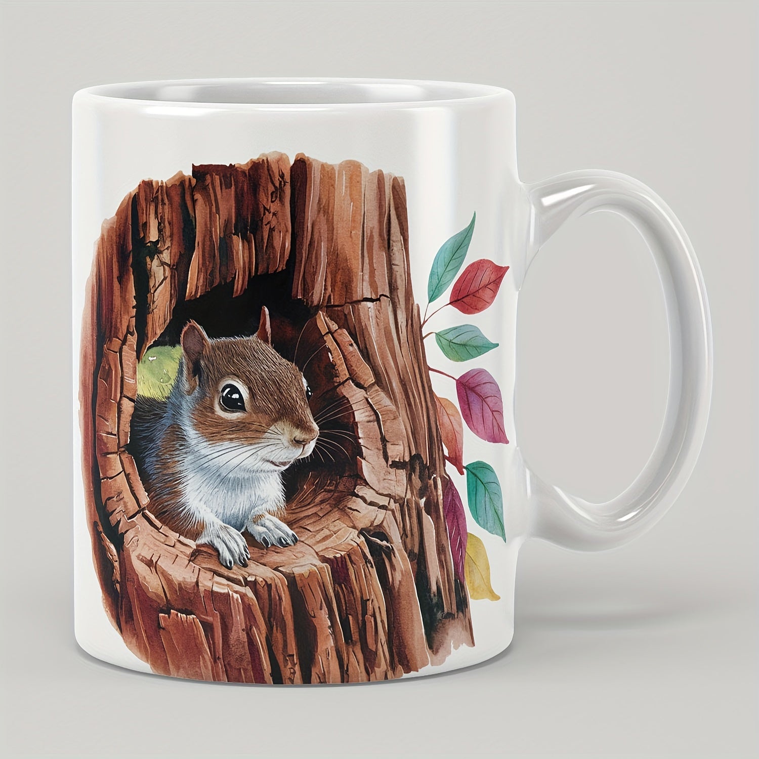 Tailorly White Ceramic 11 oz Mug - Cute Fluffy Creature Peeking From A Deep Rustic Tree Hollow Squirrel