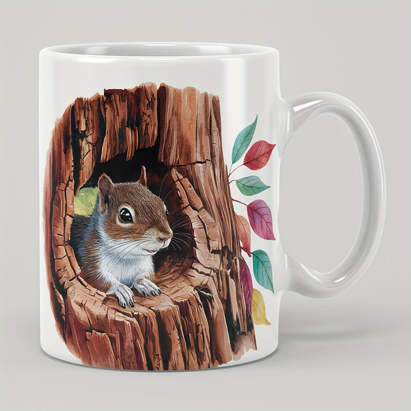 Tailorly White Ceramic 11 oz Mug - Cute Fluffy Creature Peeking From A Deep Rustic Tree Hollow Squirrel