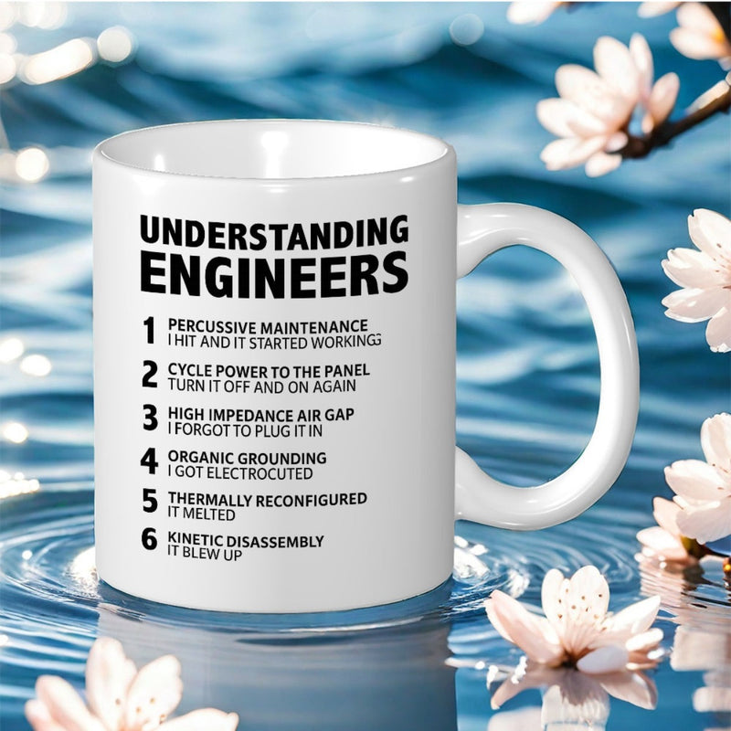 Tailorly White Ceramic 11 oz Mug - Understanding Engineers Classic White Ceramic Vessel Resting Over Rippling Water Surface With Flowers Mug