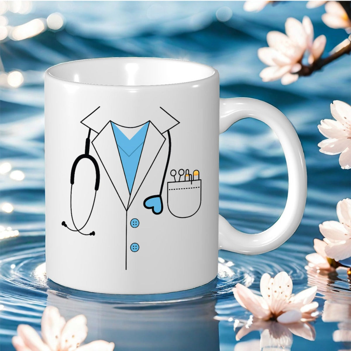 Tailorly White Ceramic 11 oz Mug - Professional White Lab Coat With Blue Shirt And Stethoscope Design Uniform