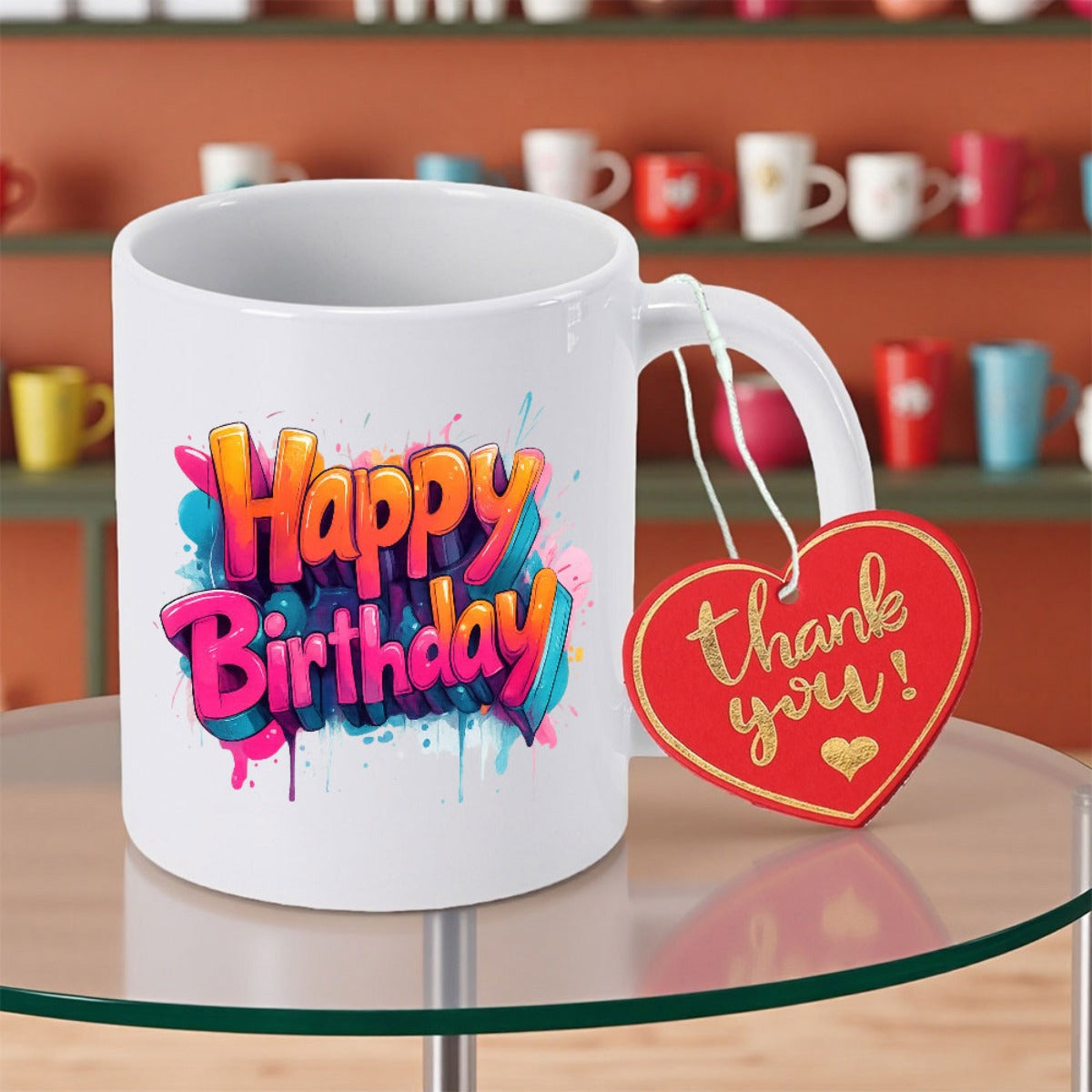 Tailorly White Ceramic 11 oz Mug - Happy Birthday Thank You Vibrant Colorful Graffiti Style Paint Splatters Dripping From Artistic Bubble Letters Mug