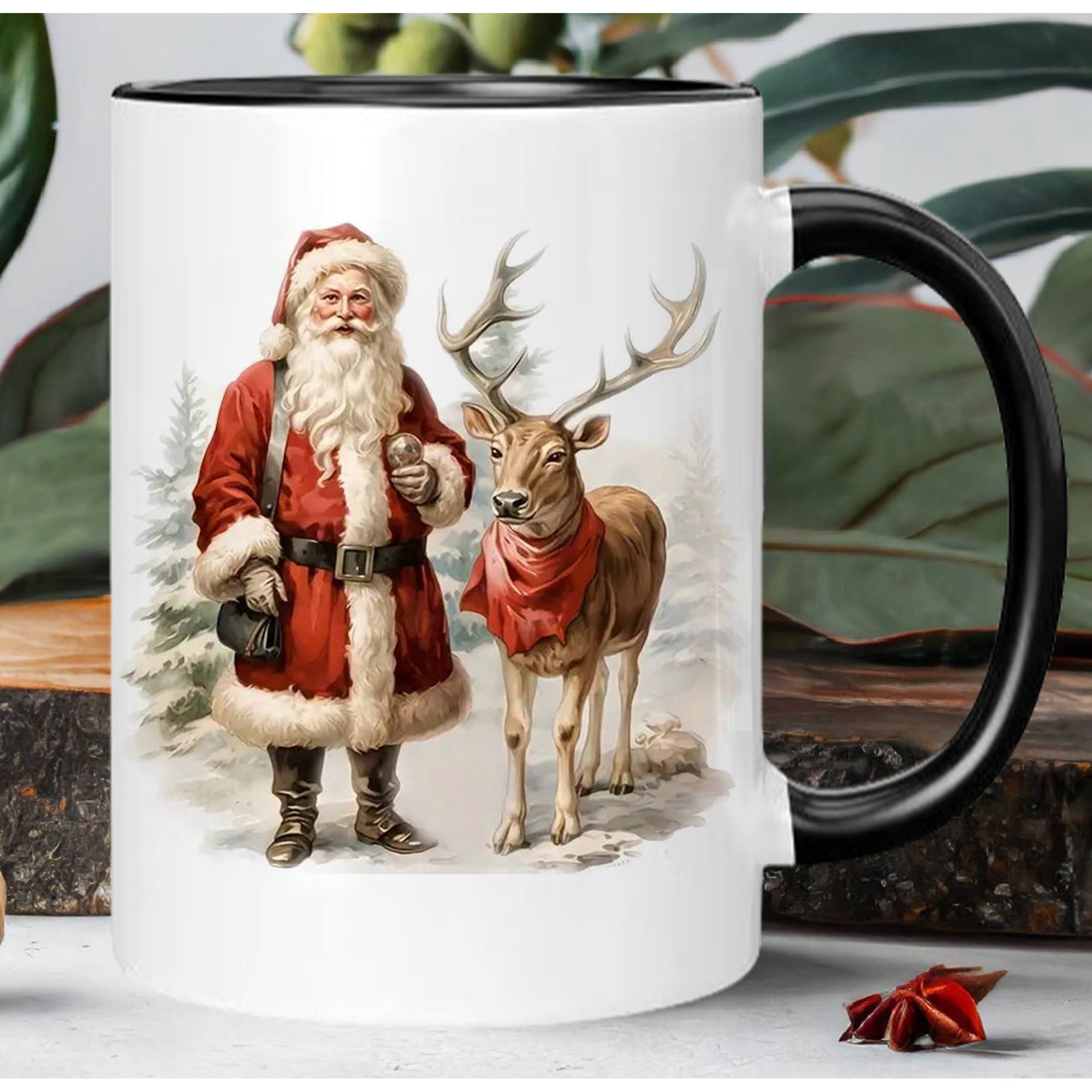 Tailorly Black Accent 11 oz Mug - santa claus and reindeer pattern