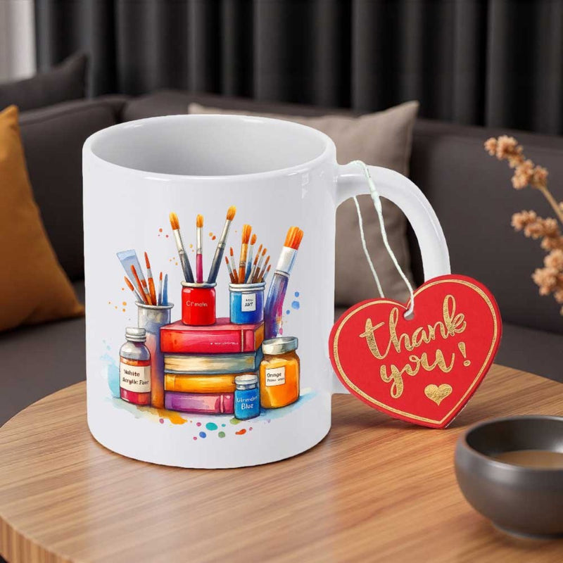 Tailorly White Ceramic 11 oz Mug - Thank You Colorful Artistic Paint Brushes Resting In Jars Upon Stacked Books