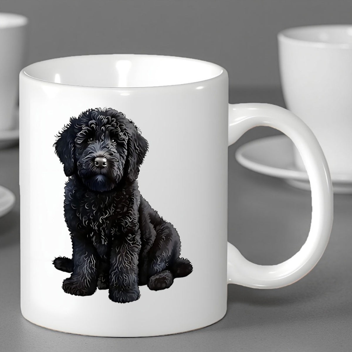 Tailorly White Ceramic 11 oz Mug - Adorable Fluffy Black Curly Haired Sitting Peacefully On Clean White Background Puppy