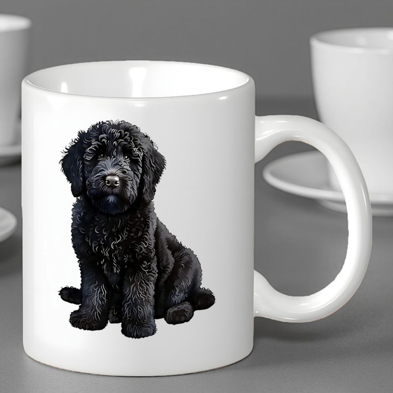 Tailorly White Ceramic 11 oz Mug - Adorable Fluffy Black Curly Haired Sitting Peacefully On Clean White Background Puppy