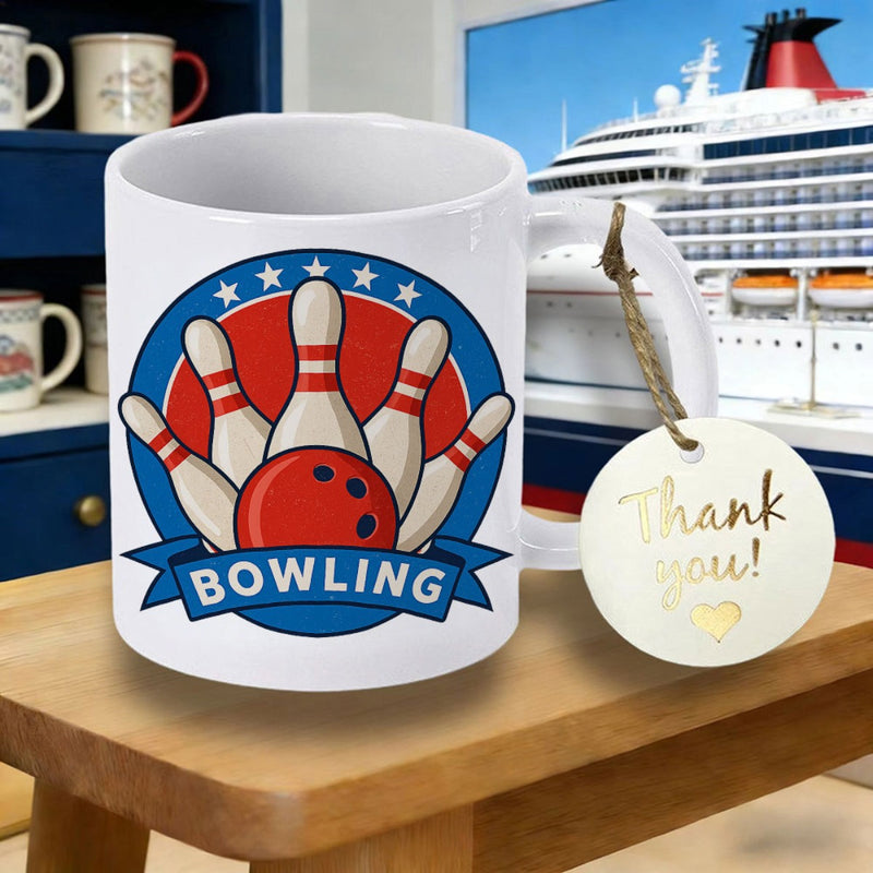 Tailorly White Ceramic 11 oz Mug - Bowling Red Ball And White Pins Arranged Inside A Starry Blue Circle Bowling