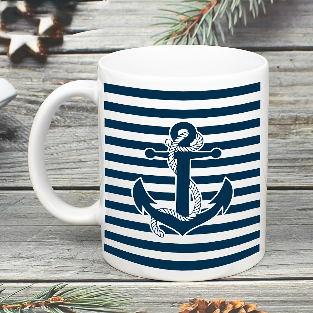 Tailorly White Ceramic 11 oz Mug - Nautical Blue And White Striped Background Featuring Rope Wrapped Sea Anchor